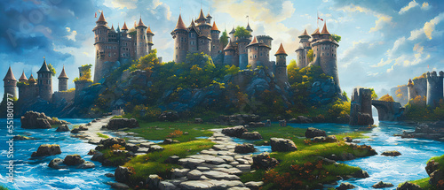 Artistic illustration of a fantasy castle on the beautiful landscape.