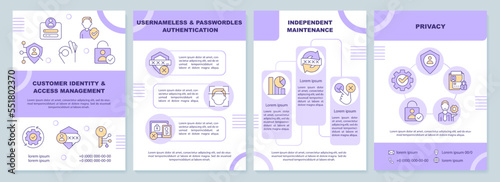 Client identity access and management purple brochure template. Leaflet design with linear icons. Editable 4 vector layouts for presentation, annual reports. Arial-Black, Myriad Pro-Regular fonts used