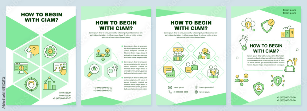 Beginning with CIAM green brochure template. Business upgrade. Leaflet design with linear icons. Editable 4 vector layouts for presentation, annual reports. Arial-Black, Myriad Pro-Regular fonts used