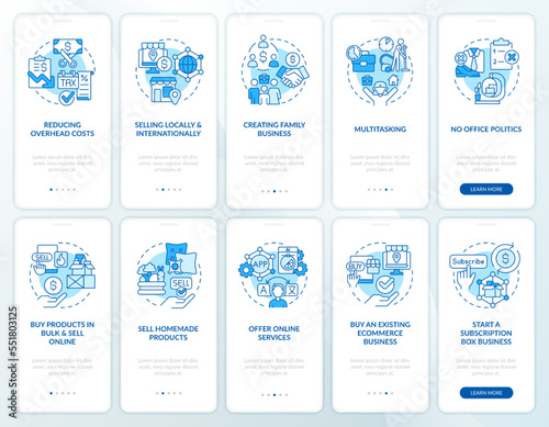 Successful home business blue onboarding mobile app screen set. Walkthrough 5 steps editable graphic instructions with linear concepts. UI, UX, GUI template. Myriad Pro-Bold, Regular fonts used