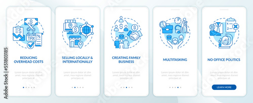 Working from home benefits blue onboarding mobile app screen. Walkthrough 5 steps editable graphic instructions with linear concepts. UI, UX, GUI template. Myriad Pro-Bold, Regular fonts used