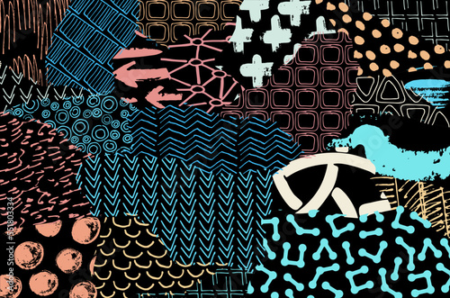 Abstract black strokes, Hand sketched Vector Pattern. Retro abstract pattern in geometric style. Abstract multicolored geometric pattern.	
