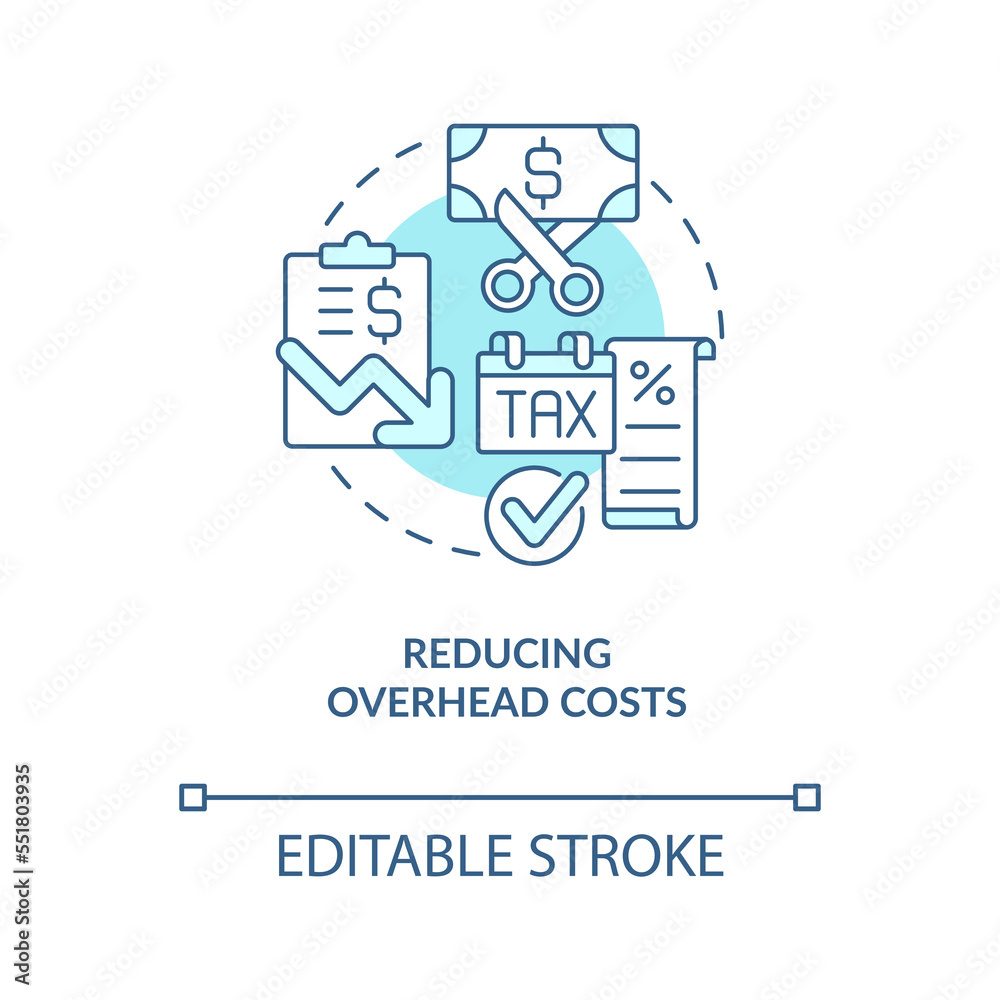 Reducing overhead costs turquoise concept icon. Save money. Home business advantage abstract idea thin line illustration. Isolated outline drawing. Editable stroke. Arial, Myriad Pro-Bold fonts used