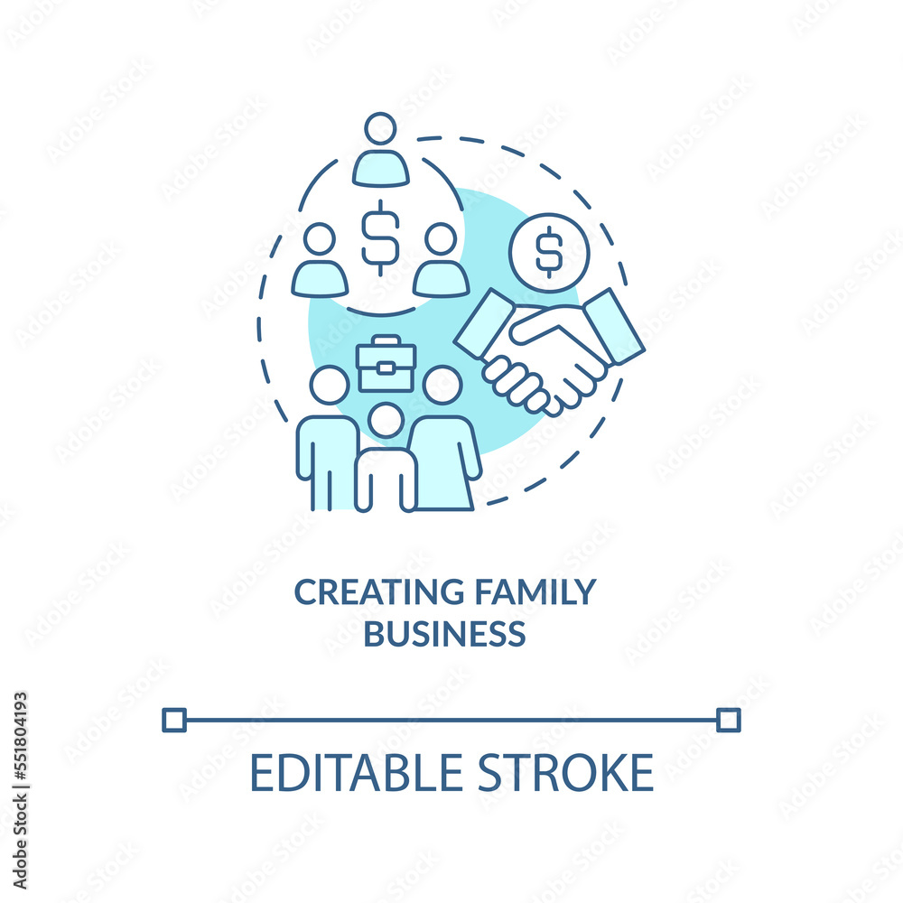 Creating family business turquoise concept icon. Home based entrepreneurship benefit abstract idea thin line illustration. Isolated outline drawing. Editable stroke. Arial, Myriad Pro-Bold fonts used