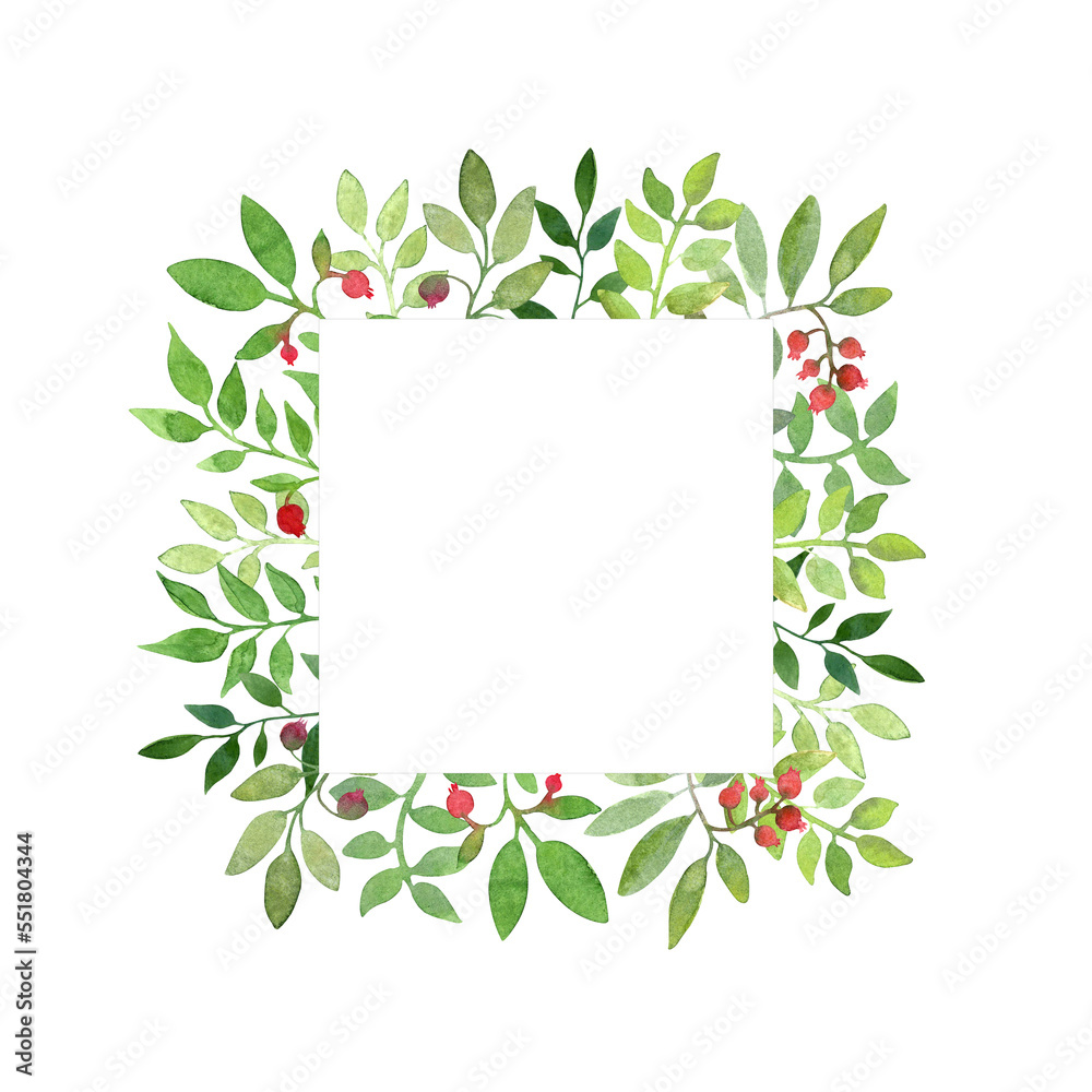 Watercolor hand drawn rectangle frame with green leaves and wigs and red berries on the white background. Perfect for invitations and cards.