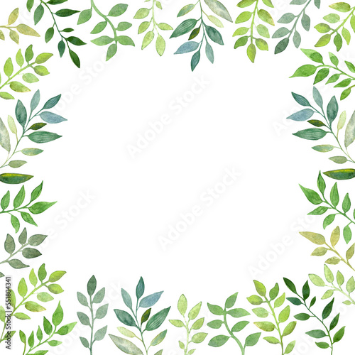 Watercolor hand drawn frame with green leaves and wigs. Perfect for invitations and cards.