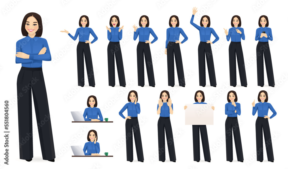 Elegant asian beautiful business woman in different poses set. Various gestures female character standing and sitting at the desk isolated vector illustration Elegant asian beautiful business woman in different poses set. Various gestures female character standing and sitting at the desk isolated vector illustration