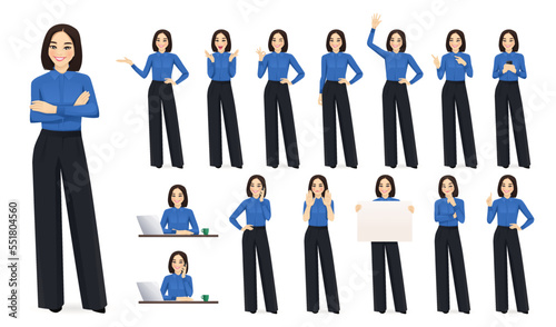 Elegant asian beautiful business woman in different poses set. Various gestures female character standing and sitting at the desk isolated vector illustration