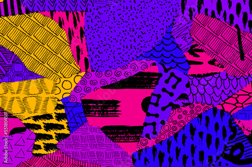 Abstract black strokes, Hand sketched Vector Pattern. Retro abstract pattern in geometric style. Abstract multicolored geometric pattern.	
