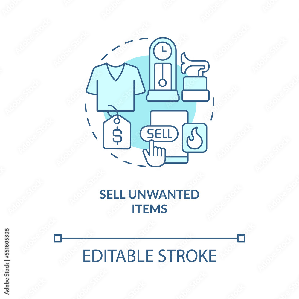 Sell unwanted items turquoise concept icon. Web marketplace. Remote work for ladies abstract idea thin line illustration. Isolated outline drawing. Editable stroke. Arial, Myriad Pro-Bold fonts used