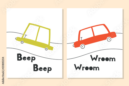 Set of kids posters with cars. Cute posters for a childrens room with a typewriter and a road. vector illustration. Doodle style. Scandinavian style.