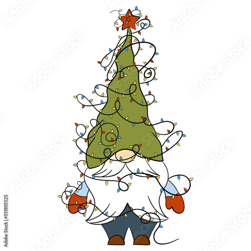 Cartoon Christmas gnome with Christmas lights. Vector illustration