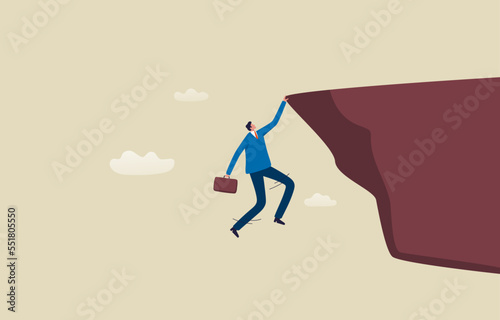 Business risk and crisis. Risk management, control. Businessman dangerously on edge of cliff holding by one hand. Illustration