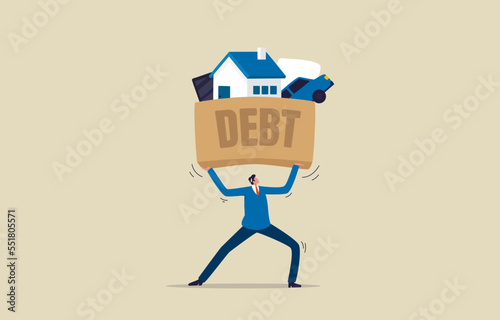 Financial crisis and debt burden concept. Businessman standing holding box with debt sign. Illustration