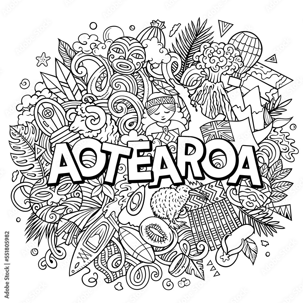 New Zealand cartoon doodle illustration. Funny Aotearoa design.