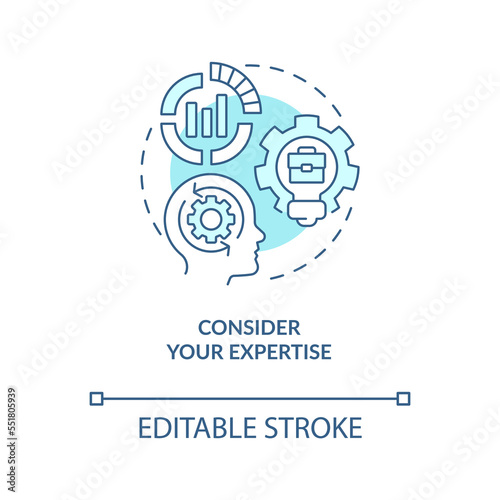 Consider expertise turquoise concept icon. Running business from home preparation abstract idea thin line illustration. Isolated outline drawing. Editable stroke. Arial, Myriad Pro-Bold fonts used