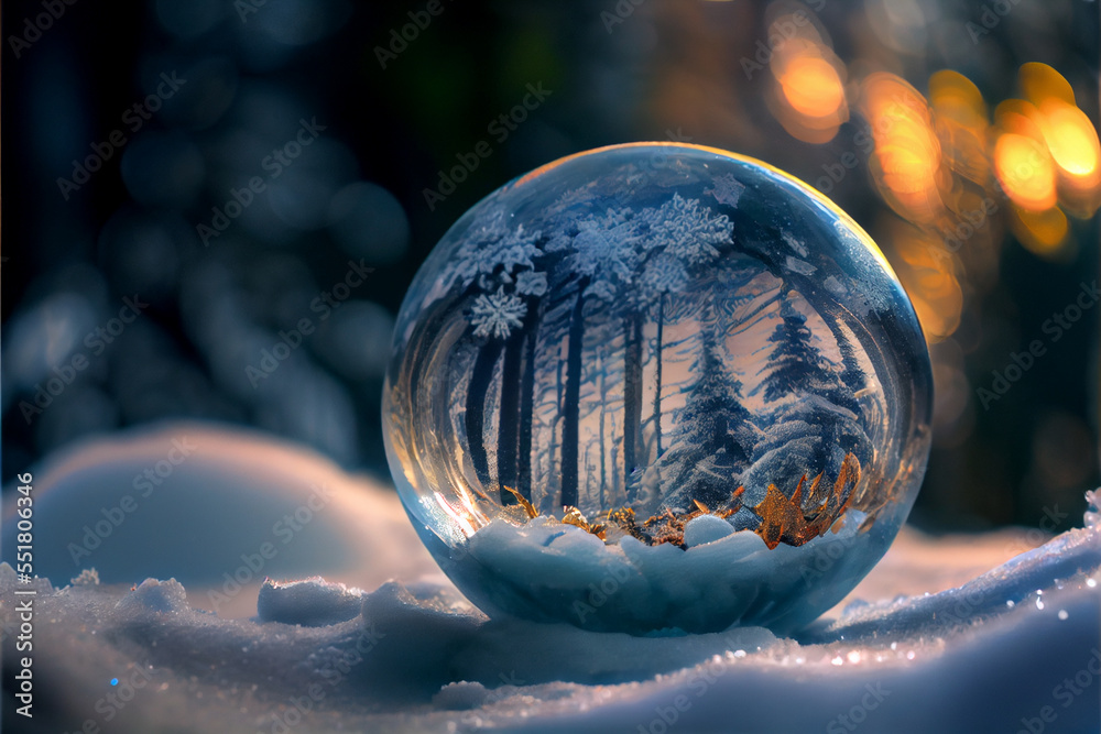 Beautiful fantasy christmas glass ball with spruce trees on snow. Created with generative AI technology Beautiful fantasy christmas glass ball with spruce trees on snow. Created with generative AI technology