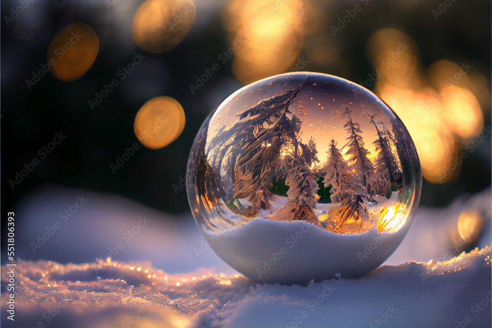 Beautiful christmas glass with ball on snow with blurred bokeh background. Generative AI illustration Beautiful christmas glass with ball on snow with blurred bokeh background. Generative AI illustration