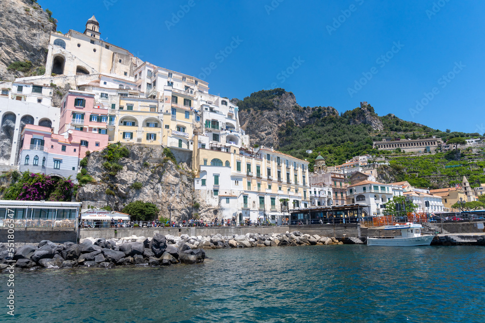 View of the Amalfi coast from a boat, on a sunny day
