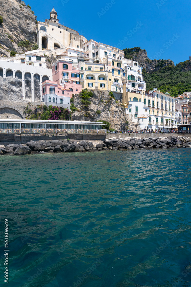 View of the Amalfi coast from a boat, on a sunny day