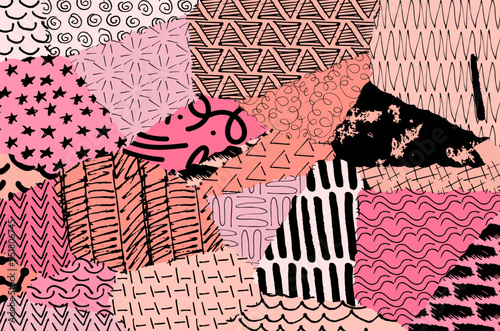 Abstract black strokes, Hand sketched Vector Pattern. Retro abstract pattern in geometric style. Abstract multicolored geometric pattern.	

