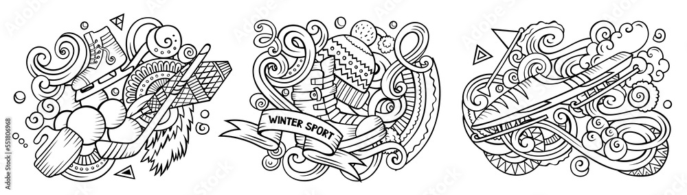 Winter sports cartoon vector doodle designs set.
