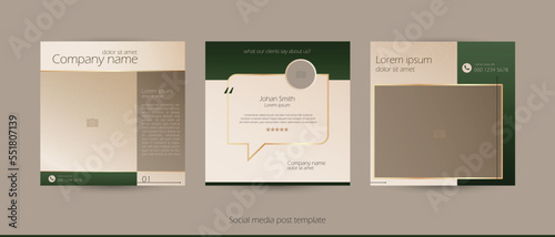 luxury social media post for beauty content. Instagram template with feedback review speech bobble quote. square vector background in gold green beige color