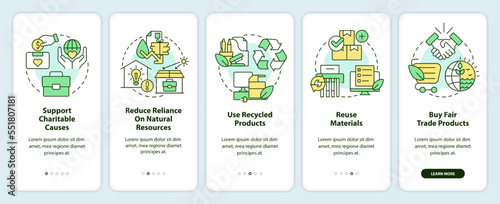 Eco-friendly business features onboarding mobile app screen. Walkthrough 5 steps editable graphic instructions with linear concepts. UI, UX, GUI template. Myriad Pro-Bold, Regular fonts used