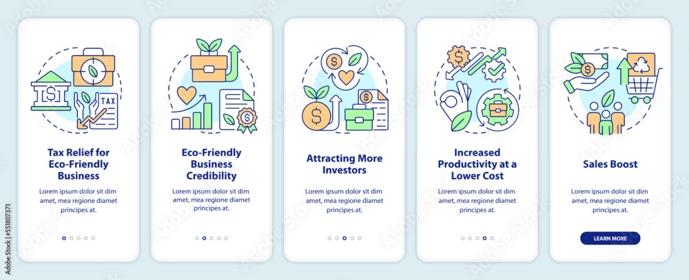 Going green benefits for business onboarding mobile app screen. Walkthrough 5 steps editable graphic instructions with linear concepts. UI, UX, GUI template. Myriad Pro-Bold, Regular fonts used
