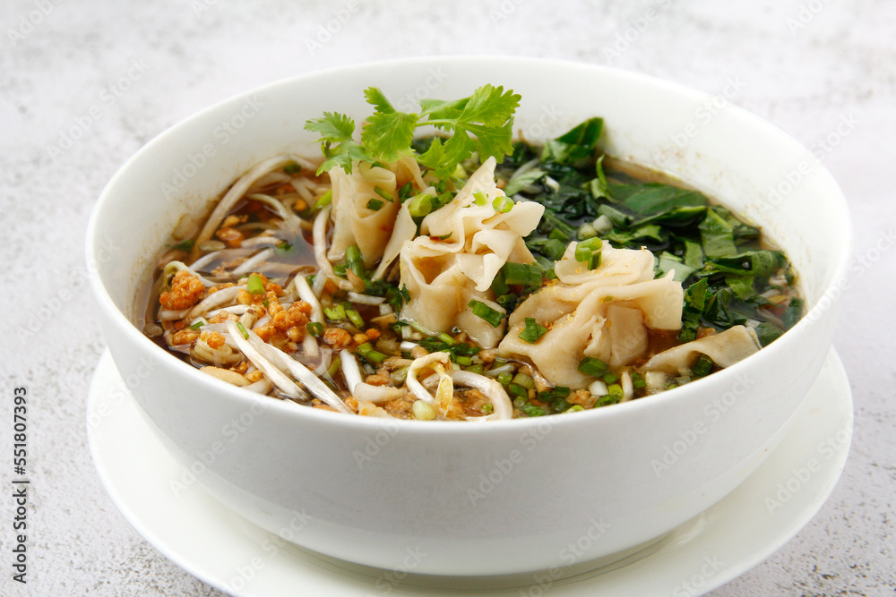 Freshly cooked Thai food called Chicken Wanton Noodle soup Freshly cooked Thai food called Chicken Wanton Noodle soup