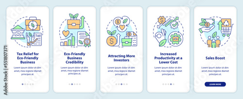Going green benefits for business onboarding mobile app screen. Walkthrough 5 steps editable graphic instructions with linear concepts. UI, UX, GUI template. Myriad Pro-Bold, Regular fonts used © bsd studio
