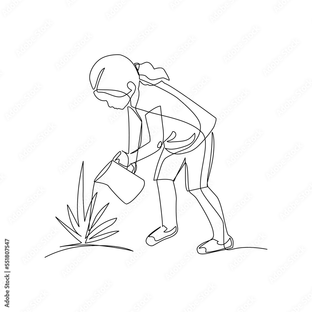 Vector illustration of a girl watering a plant drawn in line art style Vector illustration of a girl watering a plant drawn in line art style