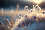 Beautiful gentle winter landscape, frozen grass on snowy natural background. Winter background with flowers covered snow crystals glittering in sunlight. Defocused winter landscape. Digital art