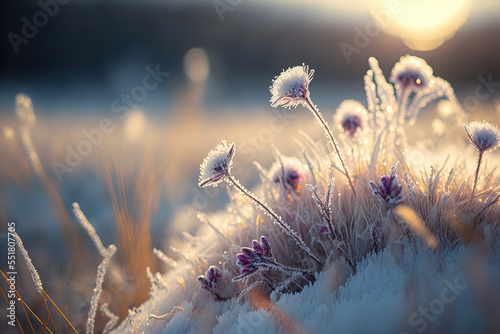 Beautiful gentle winter landscape, frozen grass on snowy natural background.  Winter background with flowers covered snow crystals glittering in sunlight. Defocused winter landscape. Digital art photo
