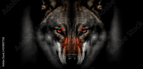 Front view of Wolf isolated on black background. Black and white portrait of wolf. Predator series. digital art