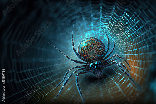 Spider in the center of its web on a colorful blurred background. Digital artwork © Katynn
