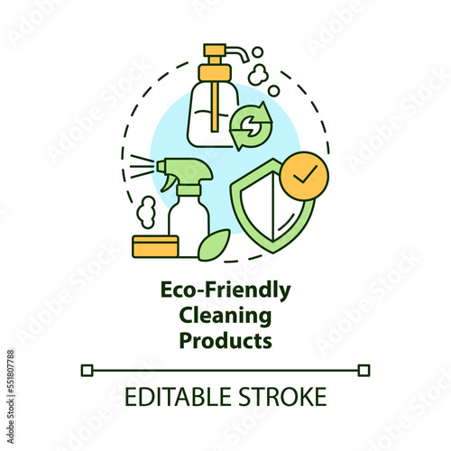 Eco-friendly cleaning products concept icon. Environmental household detergent abstract idea thin line illustration. Isolated outline drawing. Editable stroke. Arial, Myriad Pro-Bold fonts used