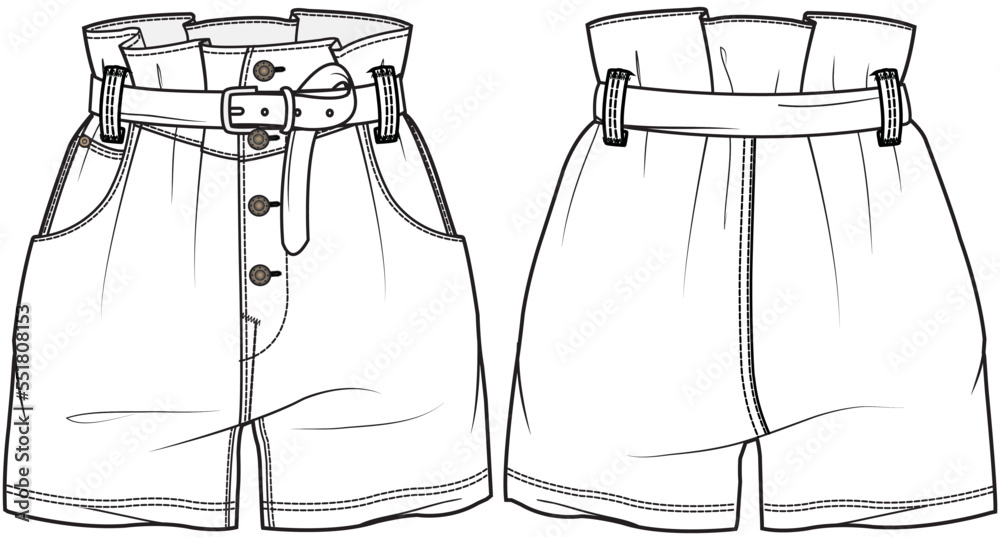 womens high waist belted paperbag shorts flat sketch vector ...