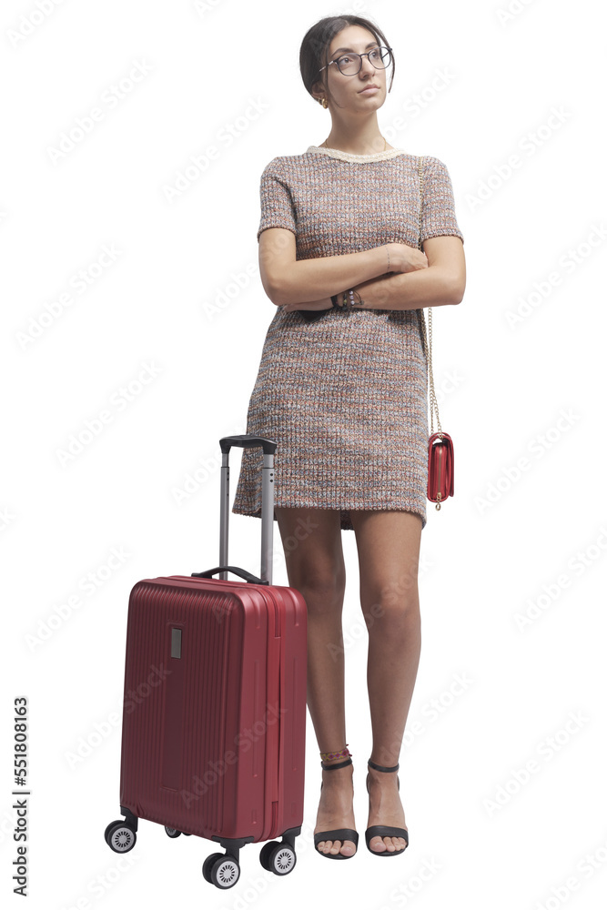 PNG file no background Elegant woman traveling with a trolley case