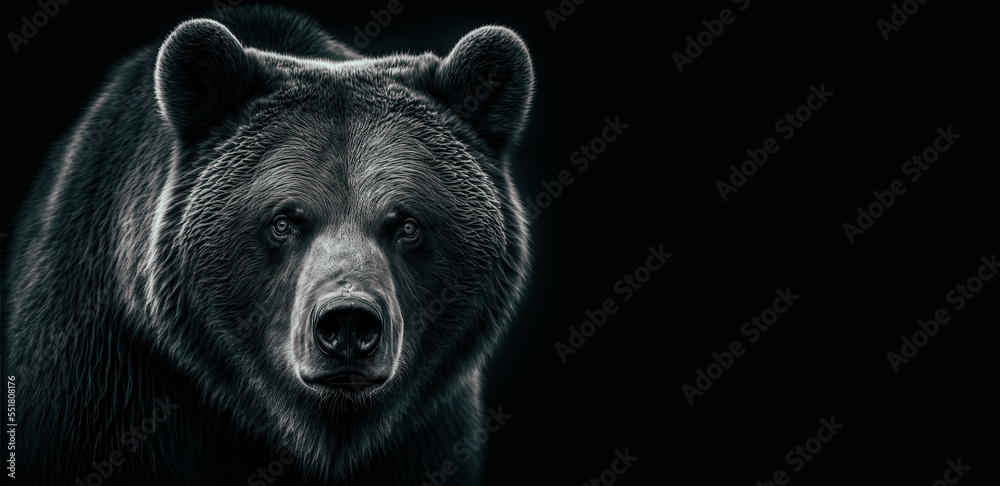 Front view of brown bear isolated on black background. Black and white portrait of Kamchatka bear. Predator series. digital art - obrazy, fototapety, plakaty 