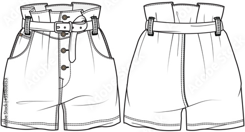 womens high waist belted paperbag shorts flat sketch vector illustration front and back technical cad drawing template