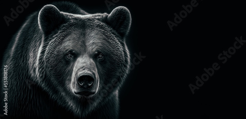 Front view of brown bear isolated on black background. Black and white portrait of Kamchatka bear. Predator series. digital art
