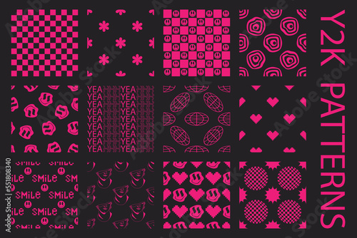 Psychedelic acid Y2K seamless pattern set. Trippy background with smile sticker in trendy 90s style on transparent background.