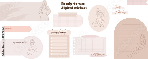 Digital note papers and stickers for digital bullet journaling or planning. Digital stickers for digital planner. Hand drawn beautiful young girls. Minimal style. Vector art.