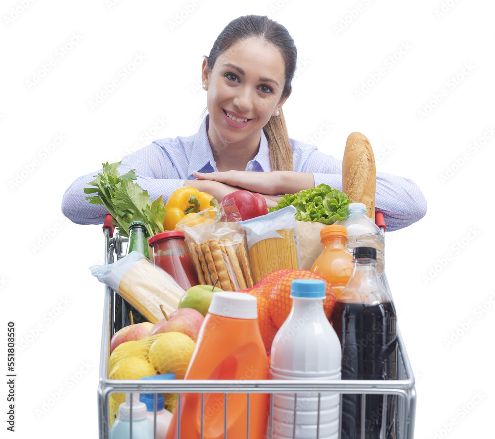 PNG file no background Smiling woman posing with a shopping cart PNG file no background Smiling woman posing with a shopping cart
