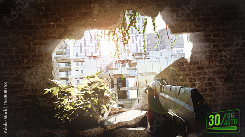 Fotografie First-person shooter war game screenshot concept - man running with an AK-47 rif