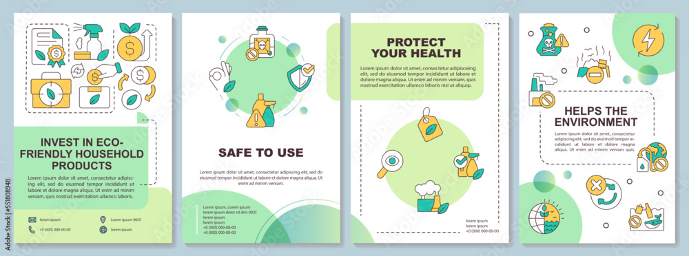 Invest in ecological household goods green brochure template. Leaflet design with linear icons. Editable 4 vector layouts for presentation, annual reports. Arial-Bold, Myriad Pro-Regular fonts used
