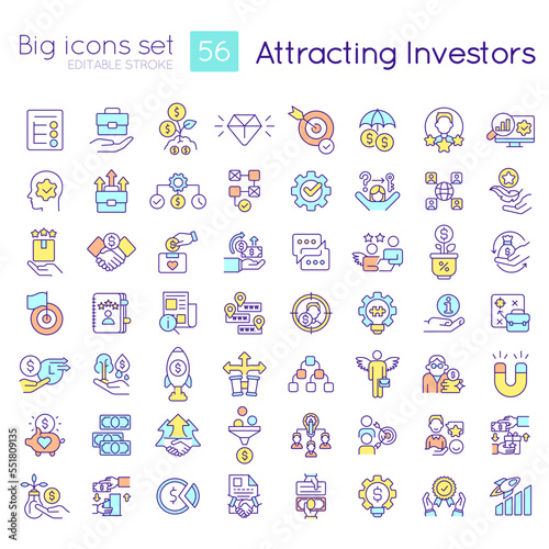 Attracting investors RGB color icons set. Involve funding. Develop startup. Isolated vector illustrations. Simple filled line drawings collection. Editable stroke. Quicksand-Light font used