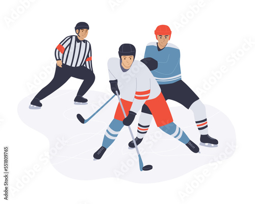 Vector illustration of hockey players and referee characters. Flat colorful cartoon artwork. Winter team sport on ice. Adult male player with stick and helmet. Cold season activity