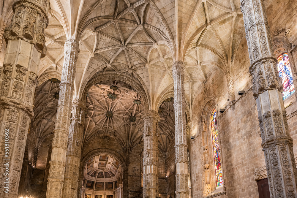 Inner view of the beautiful Mosteiro dos Jeronimos in Lisbon, Portugal